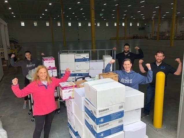The Edge Fitness Clubs in Orange recently donated cleaning supplies including gloves, disinfectant spray and hand sanitizer to Yale New Haven Health System.