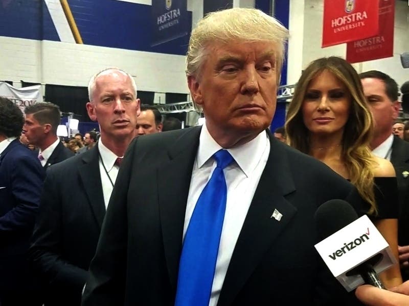 Donald Trump before a 2016 presidential debate at Hofstra University on Long Island in New York. Westport police are investigating several threatening anti-police and anti-Trump message signs in downtown Westport over the weekend.