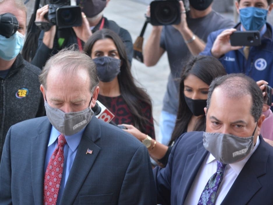 Kent Mawhinney, left, and his attorney, Lee Gold, when Mawhinney was released from custody in October in the Jennifer Dulos case.