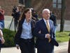 Michelle Troconis and her father, Dr. Carlos Troconis, leaving a court hearing in Norwalk in 2019.