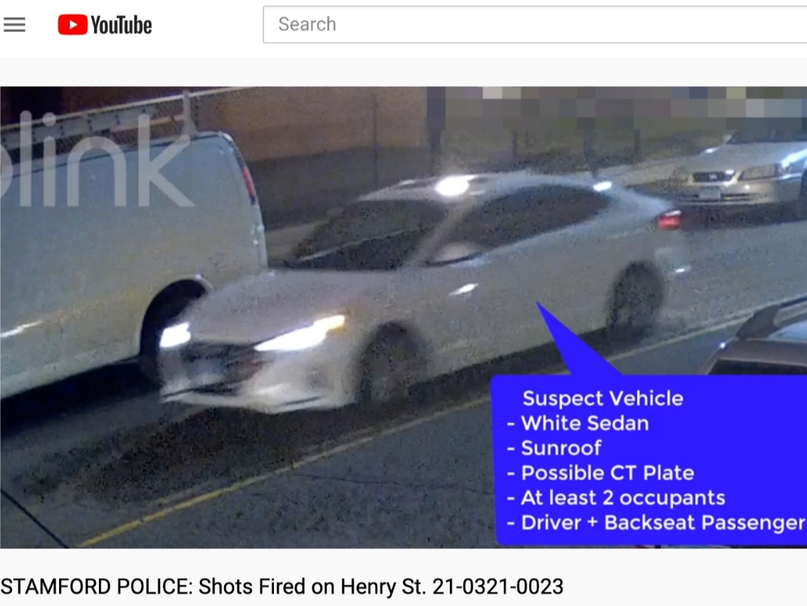 Surveillance image of the suspect's vehicle in a drive-by shooting in Stamford on March 21, 2021.