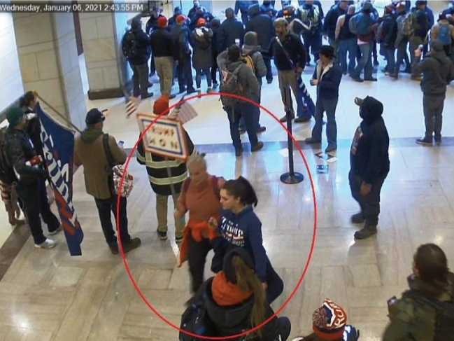 Circled: Surveillance photo of Canterbury residents Jean Lavin, left, and her daughter, Carla Krzywicki, pictured at the U.S. Capitol on Jan. 6, 2021. 