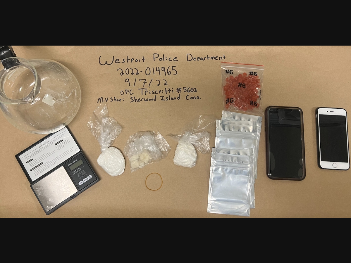 Narcotics, cell phones and drug paraphernalia seized by Westport police during a recent traffic stop.
