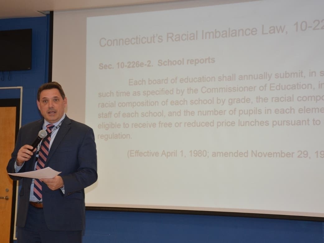Fairfield Schools Superintendent Michael Testani speaks during the Board of Education's community conversation on future redistricting.