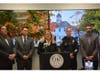 From left, Rabbi Shlame Landa, Rabbi Joshua Ratner, First Selectwoman Brenda Kupchick, Police Chief Robert Kalamaras and Rabbi Evan Schultz at a news conference Wednesday in Independence Hall in the Fairfield Town Hall complex.