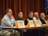 From left, Fairfield First Selectman Bill Gerber; Police Chief Robert Kalamaras; Deputy Police Chief Ed Weihe; Fire Chief Denis McCarthy; and Health Director Sands Cleary during Tuesday night's Community Conversation on the future of SantaCon in town.