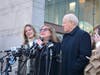 From left, Claudia Troconis, Marisela Arreaza (Michelle's mother) and Dr. Carlos Troconis speaking to the media in front of Stamford Superior Court after Michelle Troconis was found guilty in the Jennifer Dulos case.