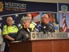 Westport First Selectwoman Jennifer Tooker and Police Chief Foti Koskinas during a news conference on Wednesday about the rescue of 29 people, 27 of whom are teenagers, after their rowing sculls and coach's motorboat capsized off Westport's Compo Beach.
