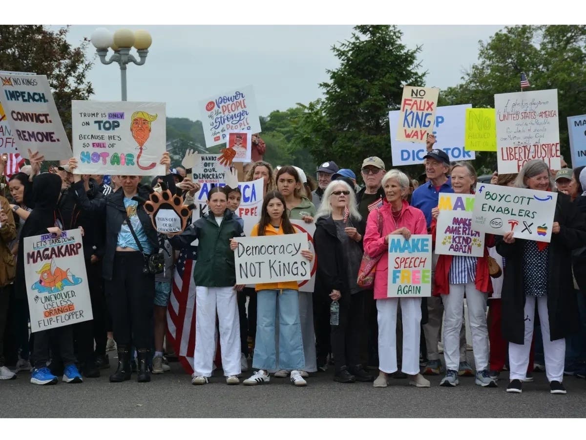 Protesters at a No Kings rally in Westport in June 2025. A third round of No Kings protests is planned throughout the country for Saturday.