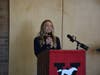 Decorated Short Track Speedskater and two-time Olympian Kristen Santos-Griswold speaks to students Tuesday at Fairfield Warde High School, where she graduated in 2012.