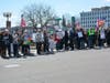 Protesters along the Ruth Steinkraus Cohen Bridge on Route 1 in downtown Westport during Saturday's No Kings rally.