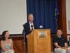 Gov. Ned Lamont speaks at the Dwight Elementary School announcement. State Rep. Jennifer Leeper is on his right, and Schools Superintendent Michael Testani is on his left.