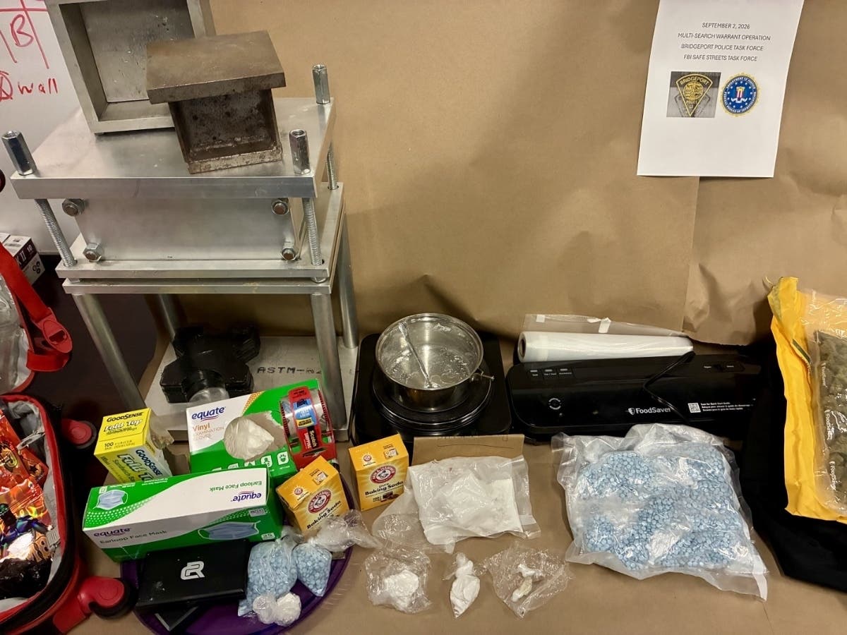 Fentanyl pills, cocaine, heroin and marijuana seized by Bridgeport and federal authorities this week during a search at an Ohio Avenue home in Bridgeport.