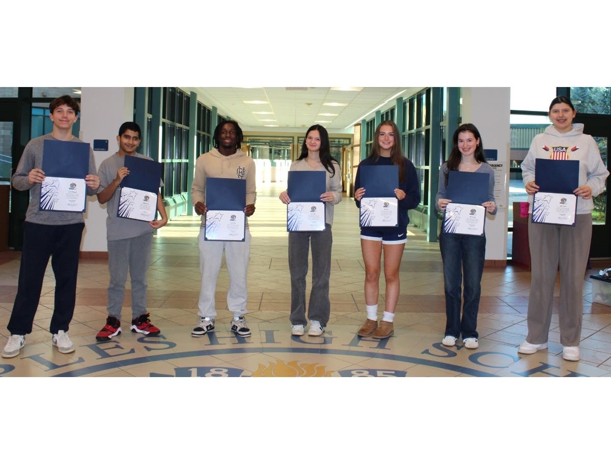 Staples High School October Students of the Month. From left, Grant Theisinger, Siddhanth Kumar, Jace Darby, Anna Setten, Shea Root, Elle Worobec, and Sofia Mutescu.