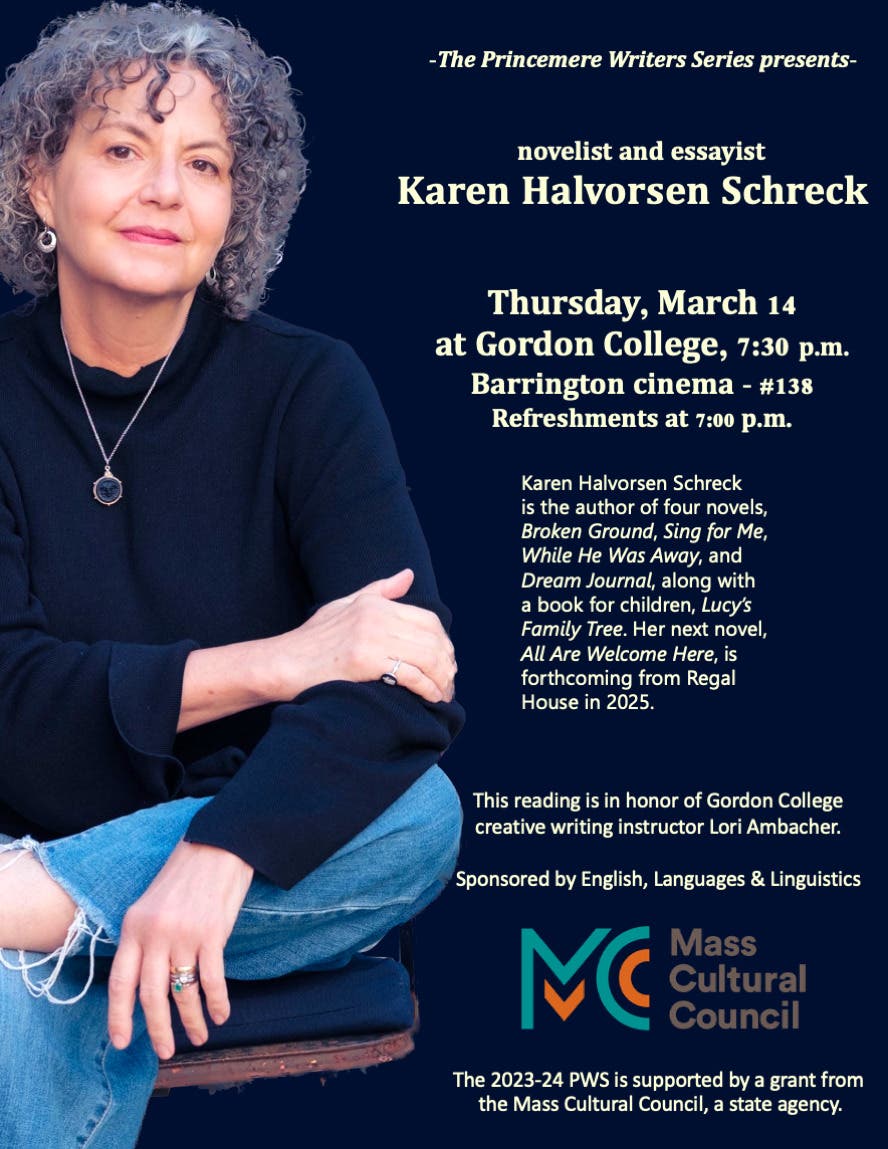 Mar 14 | author Karen Halvorsen Schreck reads at Gordon College 3.14.24 |  Salem, MA Patch