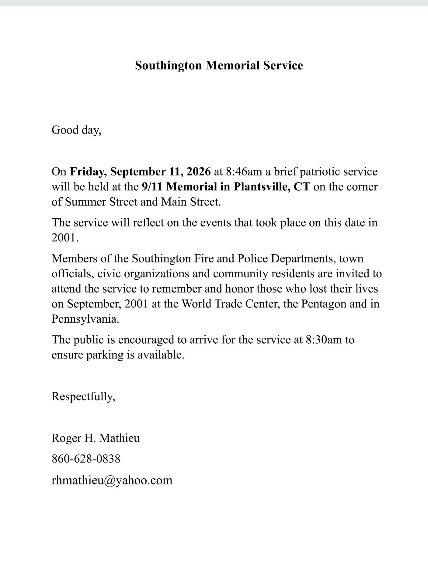 Plantsville 9/11Memorial Service