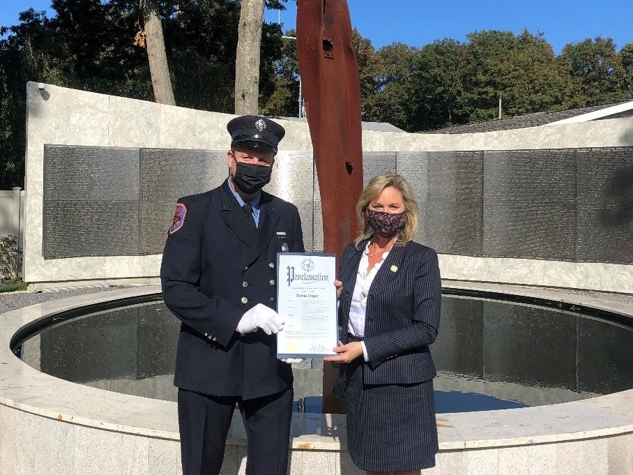 Pictured L –R: Rocky Point Fire Department Firefighter David Singer and Suffolk County Legislator Sarah Anker