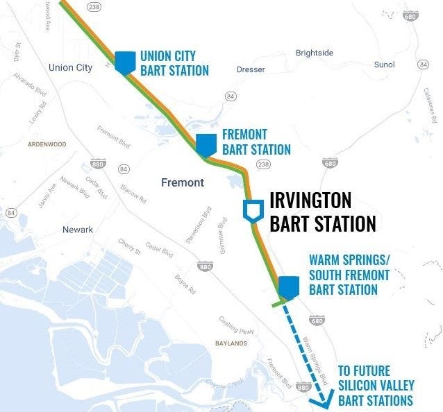 BART map showing future Irvington Station