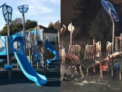 ​The play structure in Woodstock Park before and after a destructive fire