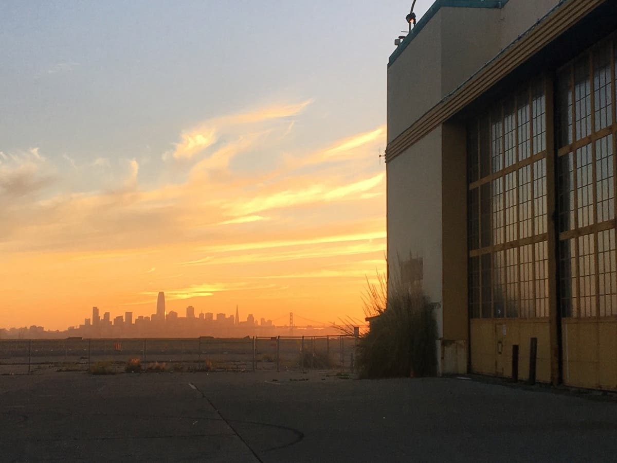 San Francisco on the horizon at sunset.