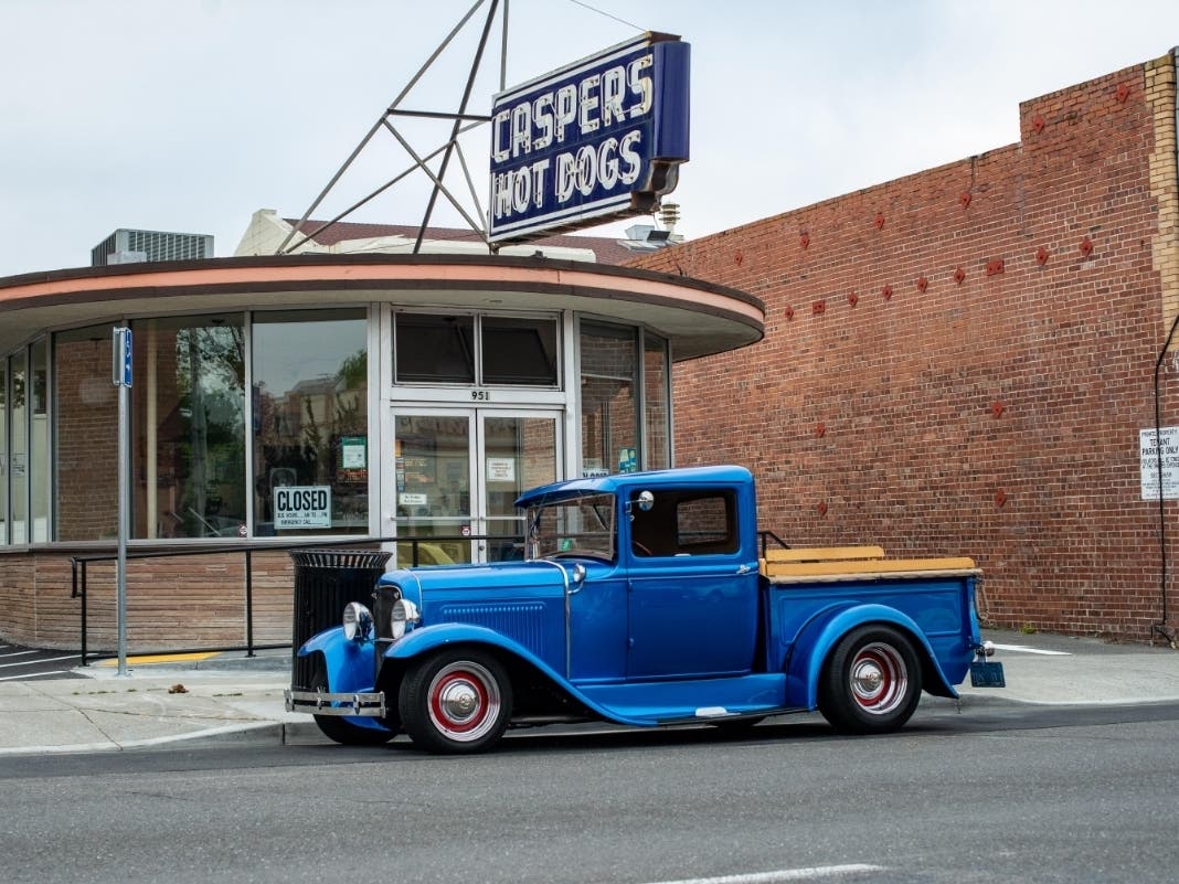 Classic truck in front of Casper's Hog Dogs, Hayward, Calif.