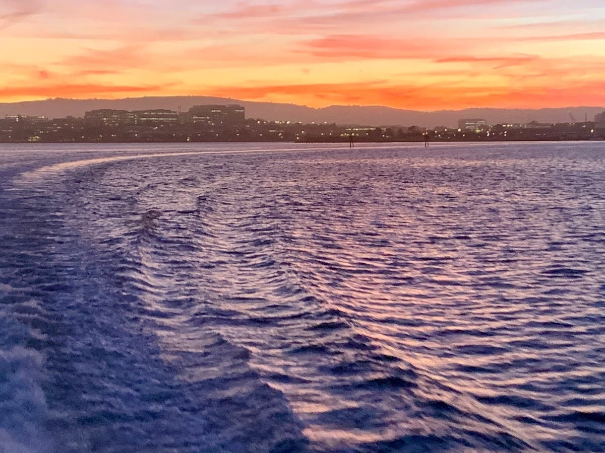This photo was snapped at sunset aboard a ferry in San Francisco Bay.