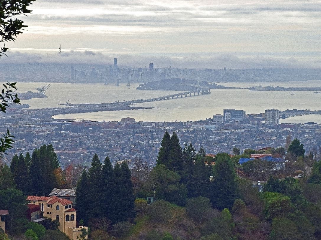 The East Bay, San Francisco Bay, and San Francisco in the distance.