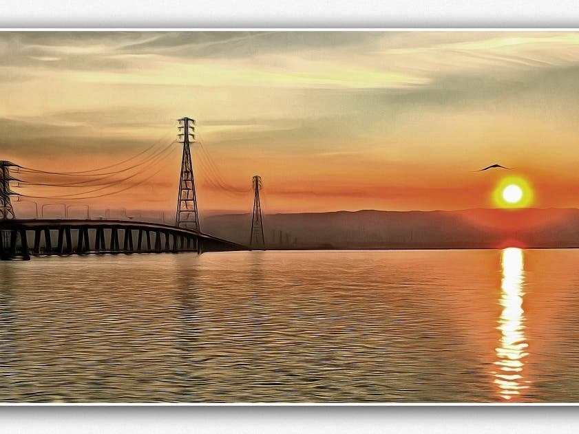 Sunset over San Francisco Bay with the Dumbarton Bridge in view. Photo taken from Fremont, Calif.