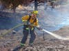 A firefighter hoses down the area around a vegetation fire.