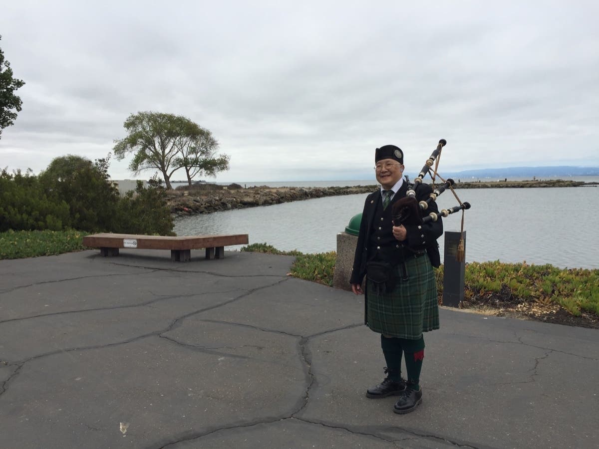 Wendy Young pipes for 4th of July at Crown Harbor, Alameda, Calif.