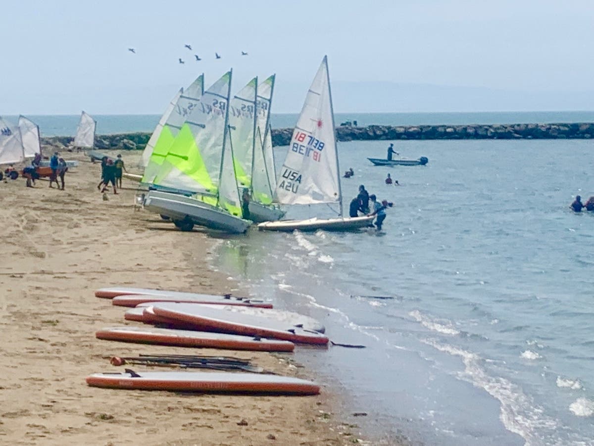 Dinghies lined up for sailing class at Encinal Beach, Alameda, Calif.