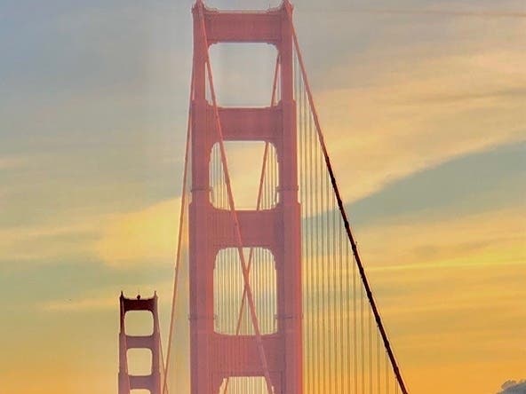 The Golden Gate Bridge at sunset.