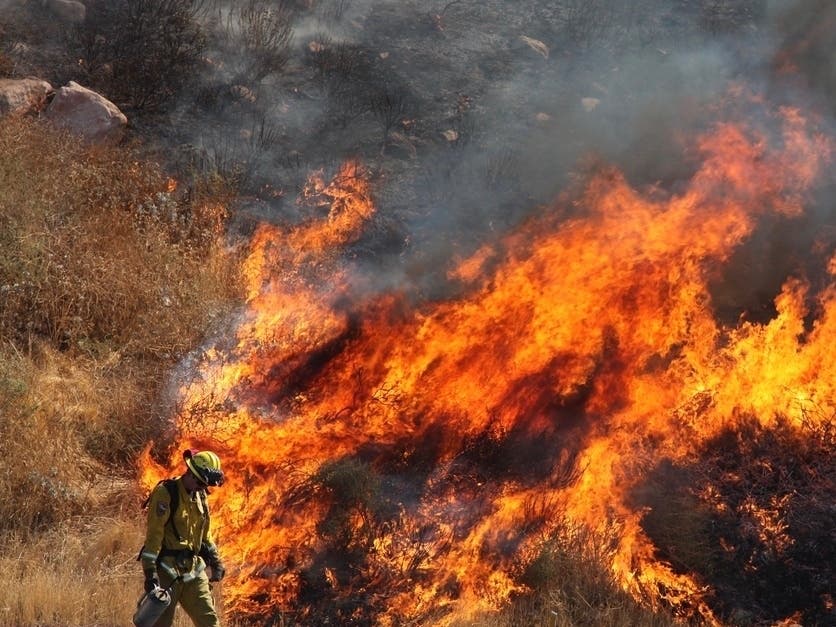 A California firefighter manages a controlled burn.