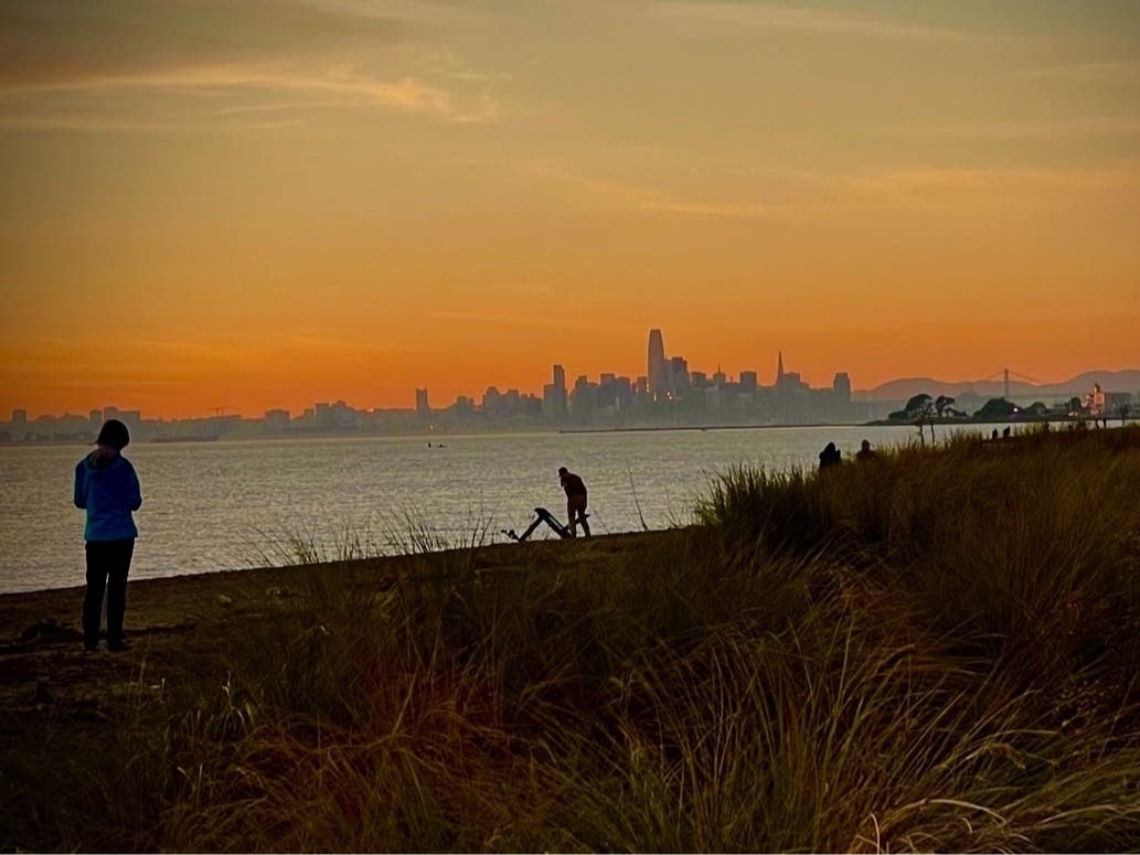 San Francisco on the horizon across San Francisco Bay. Photo taken at sunset from Alameda.