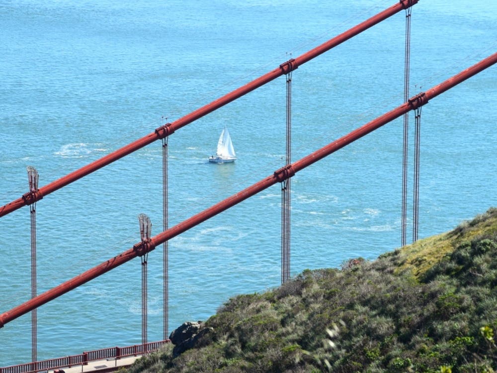 A sailboat in the distance, as seen through the cables of the Golden Gate Bridge.