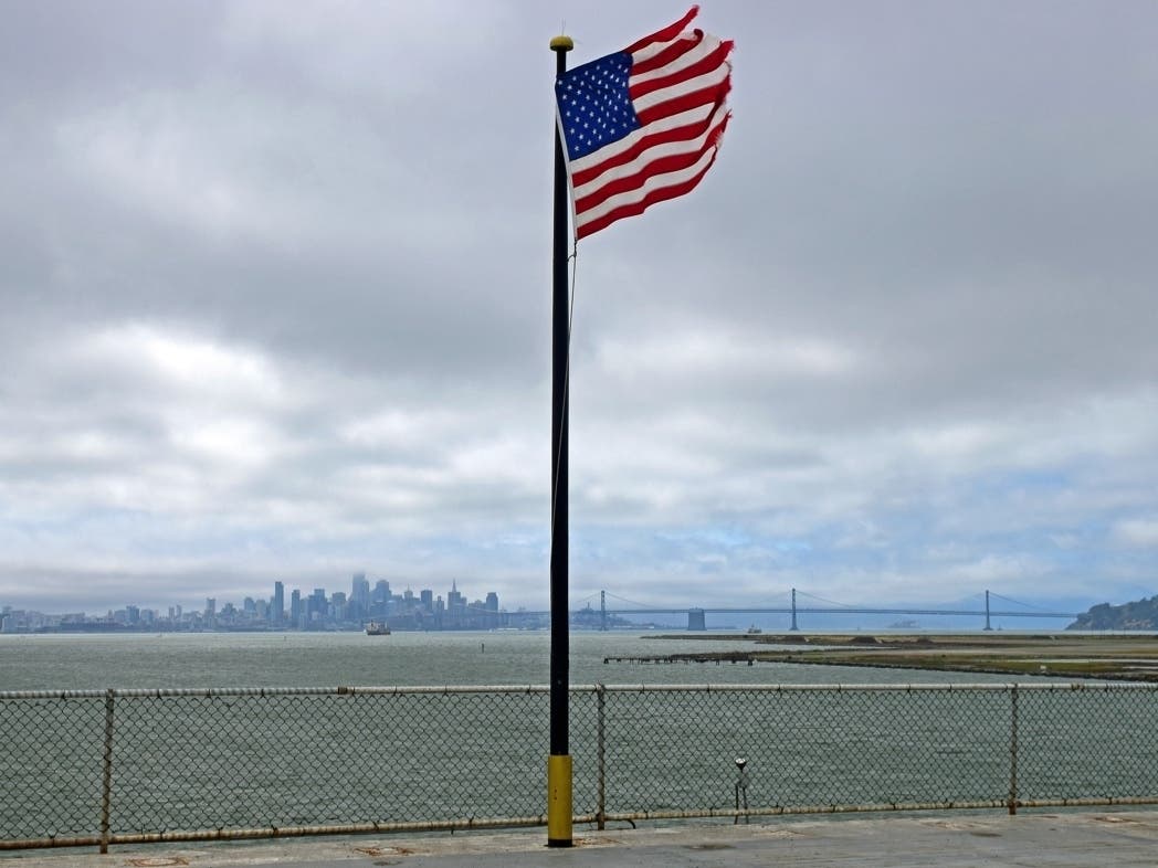 The American flag on the flight deck of the USS Hornet, docked in Alameda, Calif.
