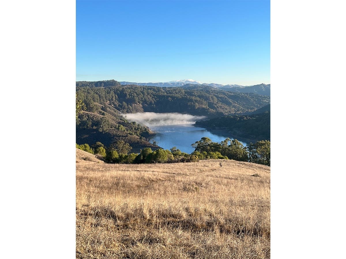 Fog in the distance over the surface of Lake Chabot.