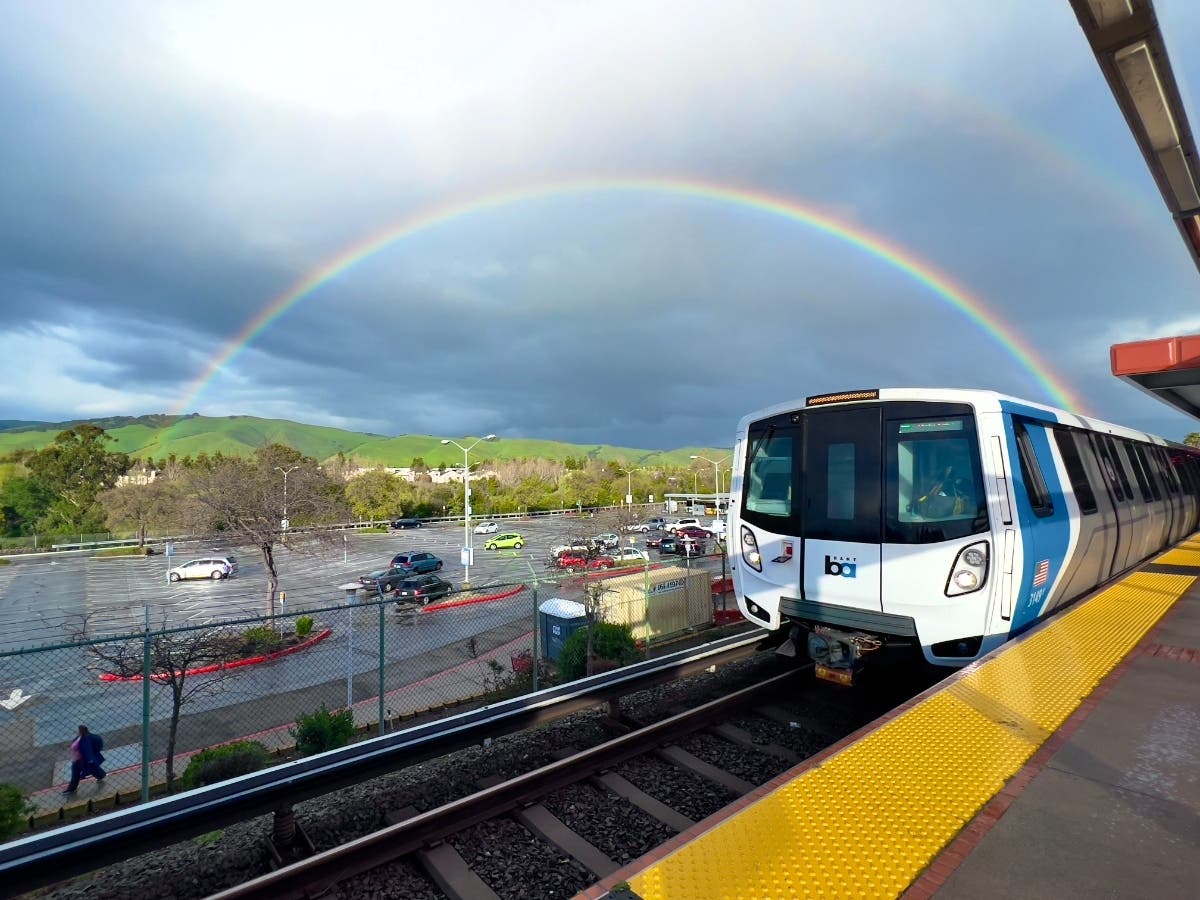 Rainbow over a BART train in Fremont, Calif.
