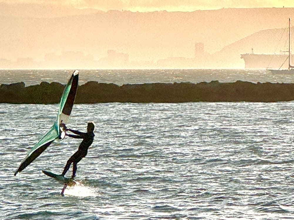 A windsurfer off Ballena Beach in Alameda, Calif.