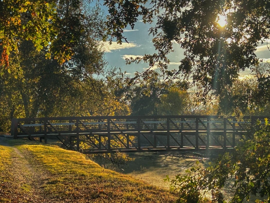 The sun is low in the late autumn sky over Orchard Park in Sacramento.