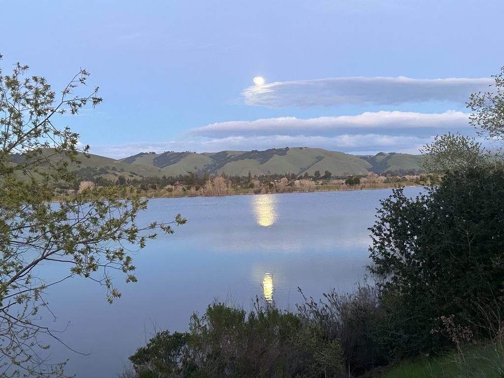 The moon and its shadow over Quarry Lakes in Fremont, Calif.