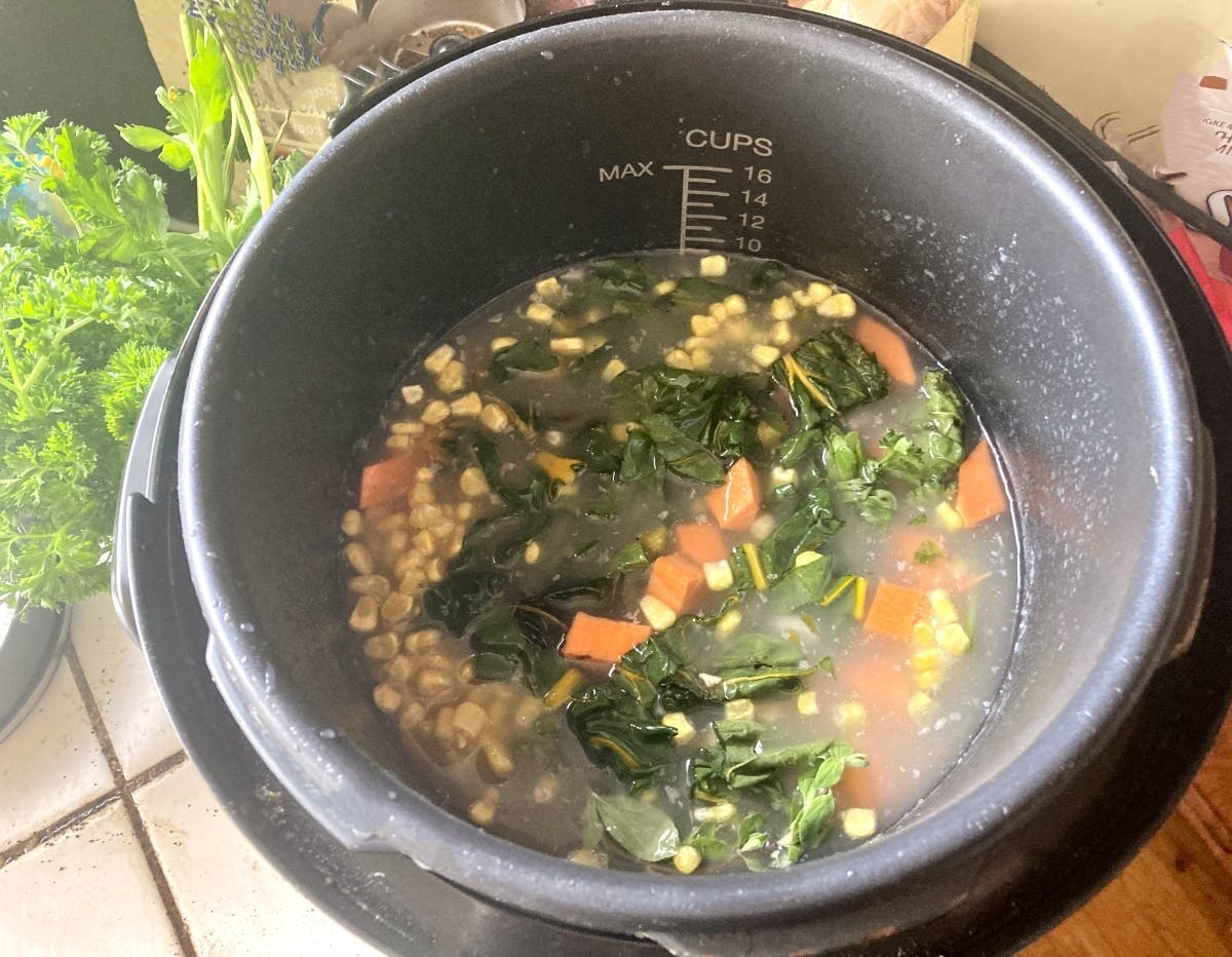 Post-Thanksgiving turkey broth transformed into a hearty soup.