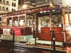 Empty cable car at night in San Francisco.