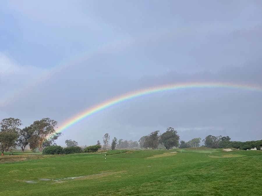 A double rainbow over Chuck Corica Golf course in Alameda, Calif.