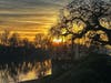 A pale January sun is low on the horizon over the Sacramento River silhouetting the wintry tree and creating reflections on the water.