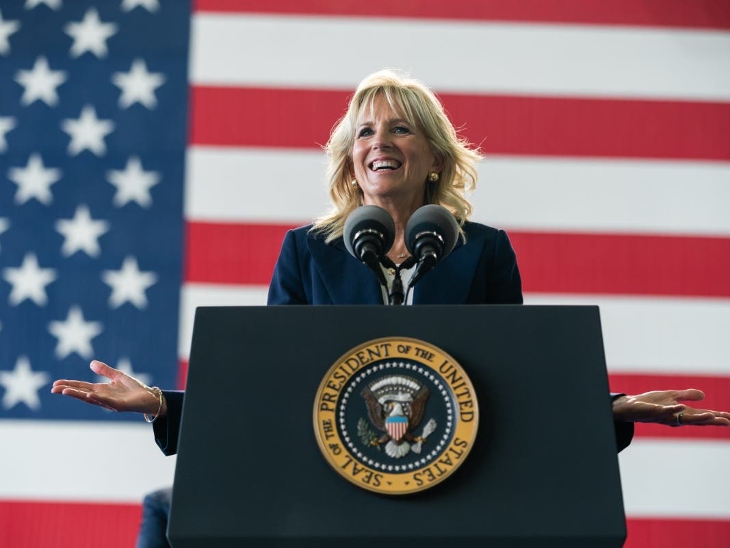 First Lady Jill Biden delivers remarks to Air Force personnel and their families, Wednesday, June 9, 2021, at Royal Air Force Mildenhall, England.