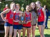 The Lady Eagles JV-Open winning girls team. (l-r) freshman Grace Lochman, freshman Ashley Spencer, freshman & overall race winner Gabby Koagel, senior Ella Rindt & sophomore Aubrie Cranford.