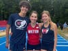 800m runners after their semifinal races (l-r, junior Zach Patell, junior Ella Grace Malcom & senior captain Sydney Anderson).