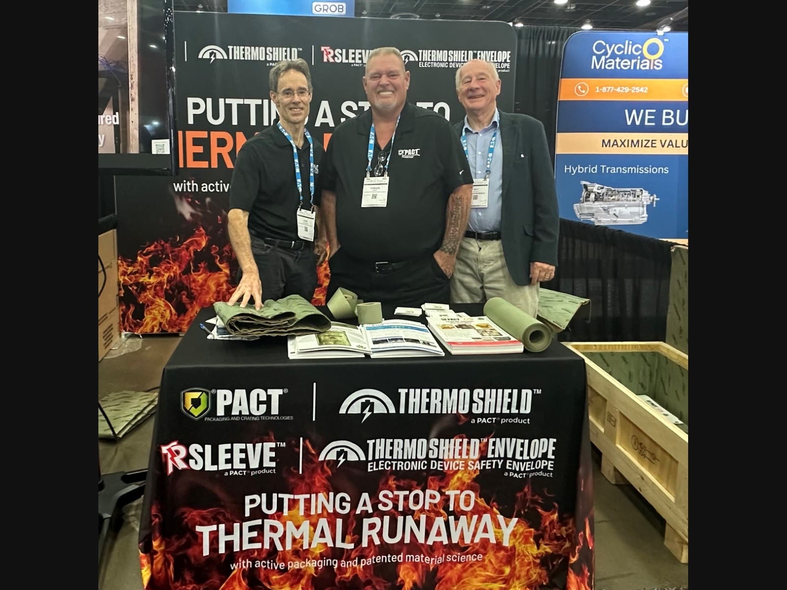 Members of the Packaging And Crating Technologies (PACT) team will showcase the manufacturer’s newest innovations made with its patented PACT® Thermo ShieldTM, fire-suppressant wrap to control lithium battery explosions at The International Battery Forum.