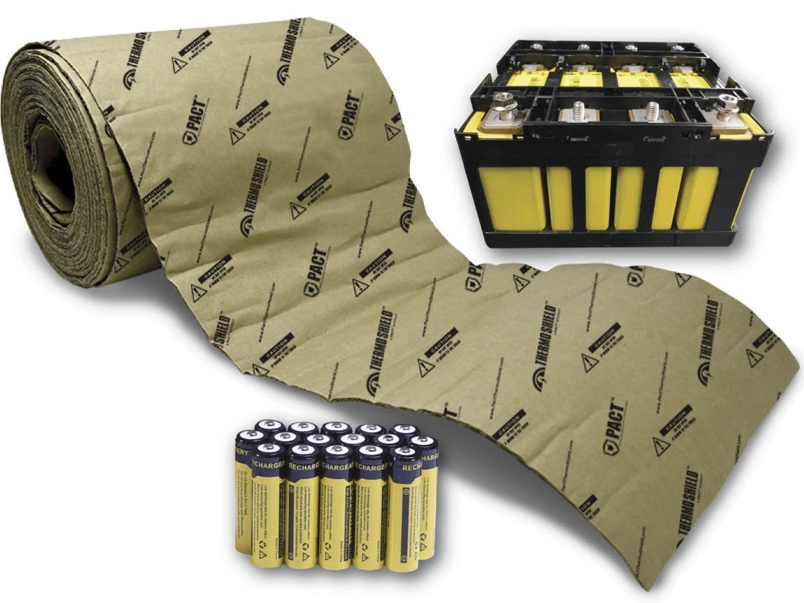PACT Themo Shield is a lightweight, fire-suppressant wrap made from 100% recycled paper and coated with a proprietary organic ink that controls thermal runaway in electric bikes, scooters, skateboards and EVs, to prevent a catastrophic event.
